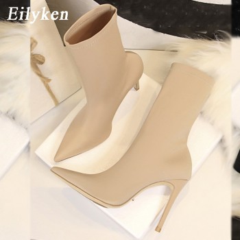 Eilyken 2020 Spring Fashion Women Boots Beige Pointed Toe Elastic Ankle Boots Heels Shoes Autumn Winter Female Socks Boots
